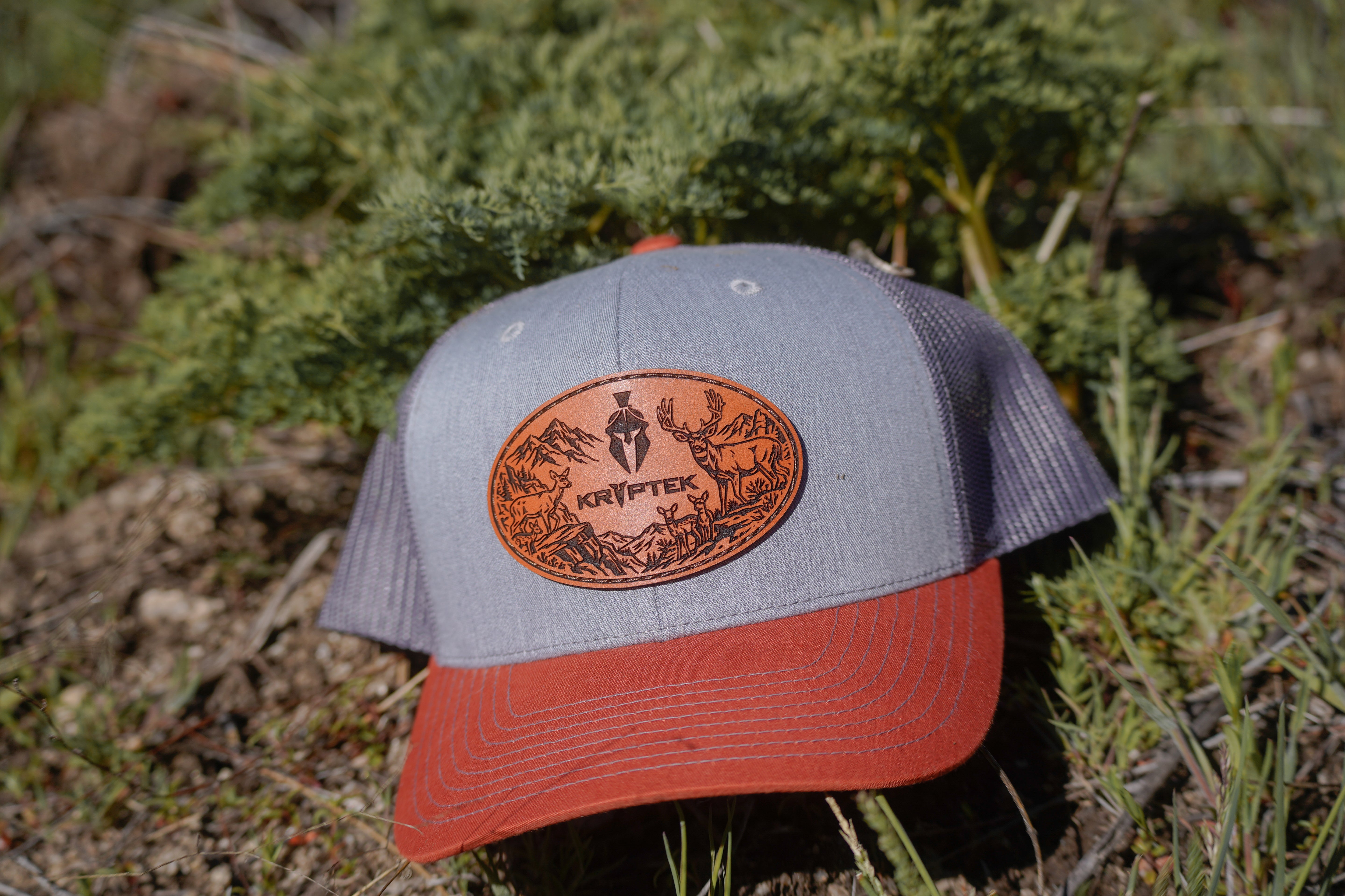 Kryptek Outdoors Leather Patch Hat – Richardson 112 Trucker (Heather Grey / Blaze Orange)