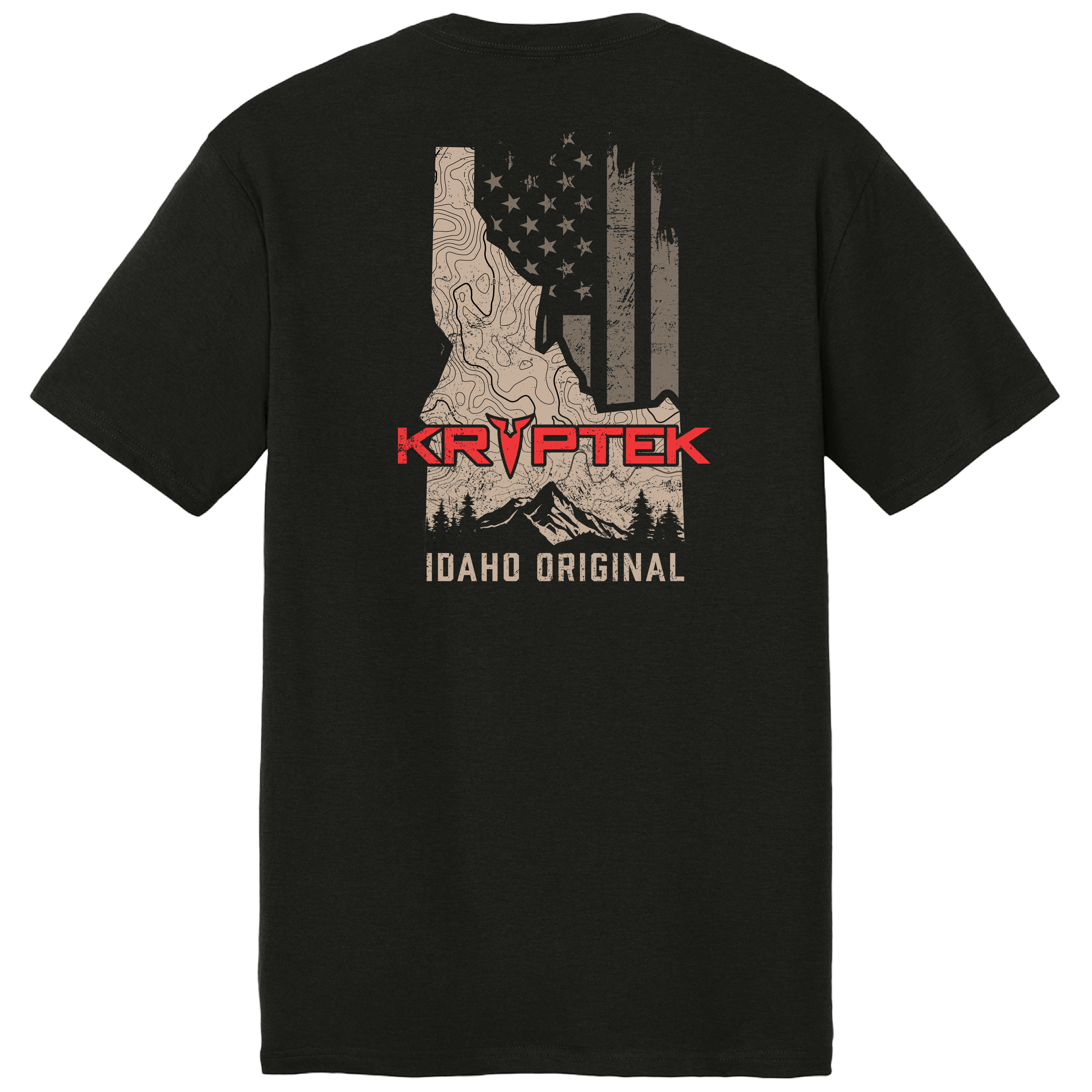 Kryptek Idaho Original T-Shirt – American Flag Topo Graphic Tee (Black)